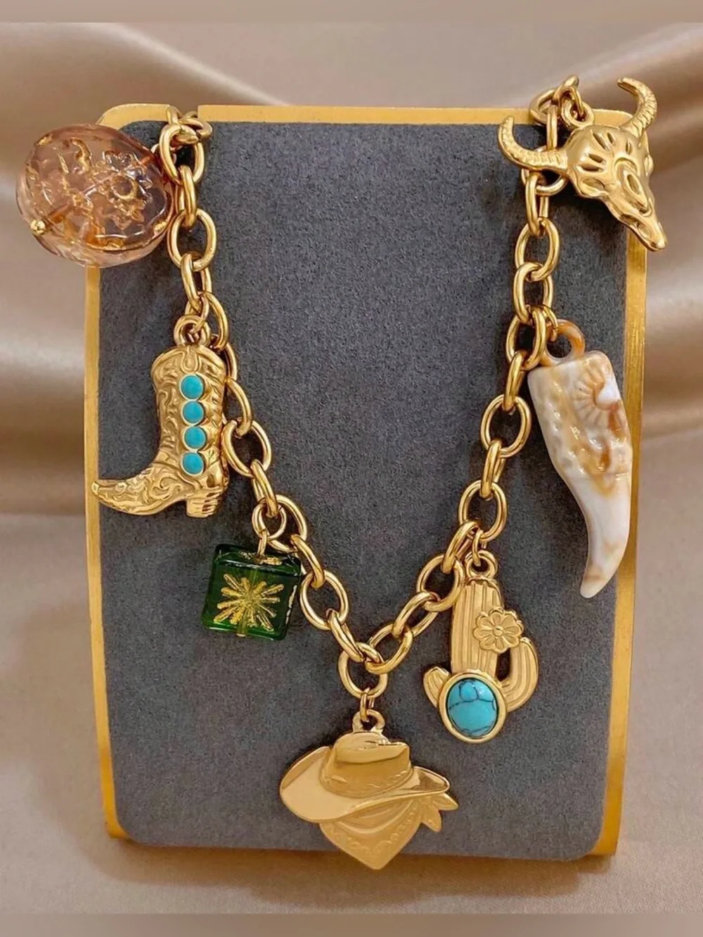 Gold Western Charm Necklace with Turquoise Accents
